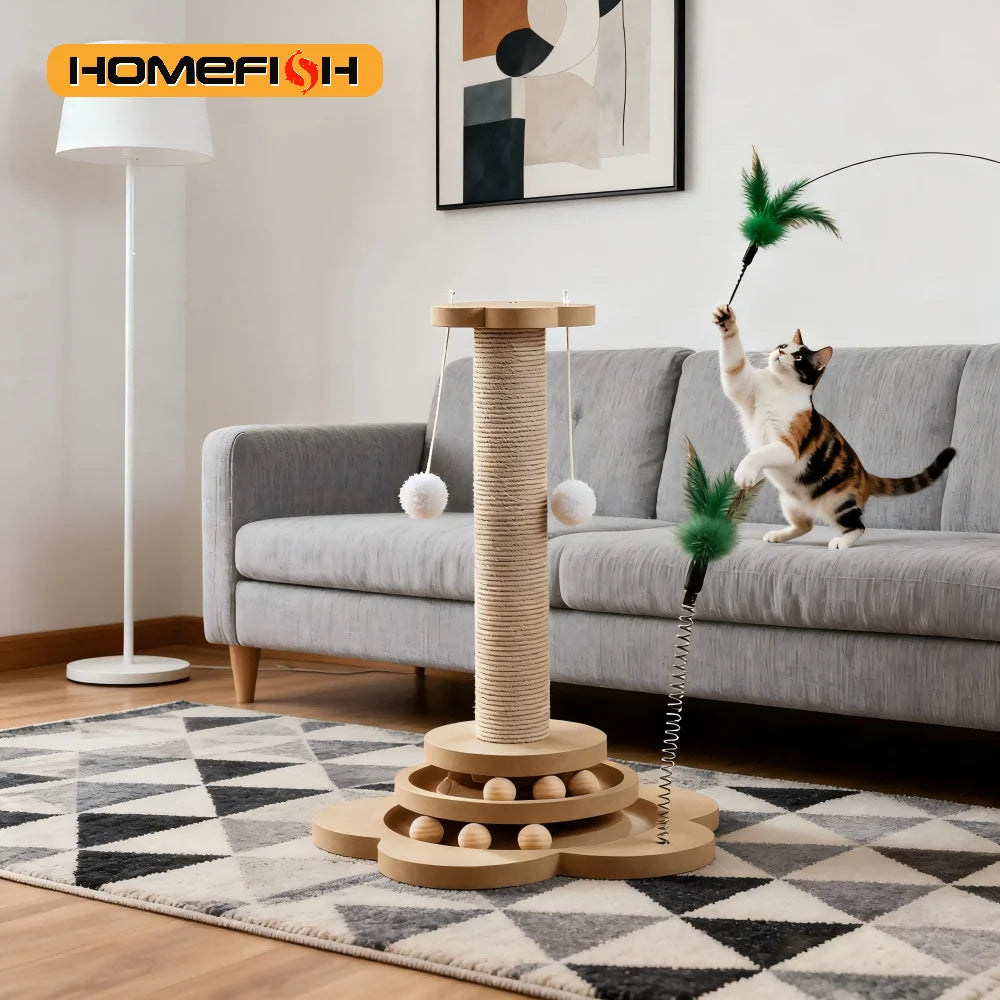 Griffoir pour chat Protect en bois et sisal avec jouets