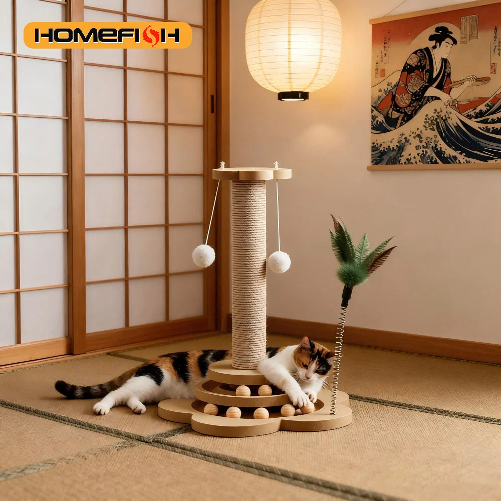 Griffoir pour chat Protect en bois et sisal avec jouets