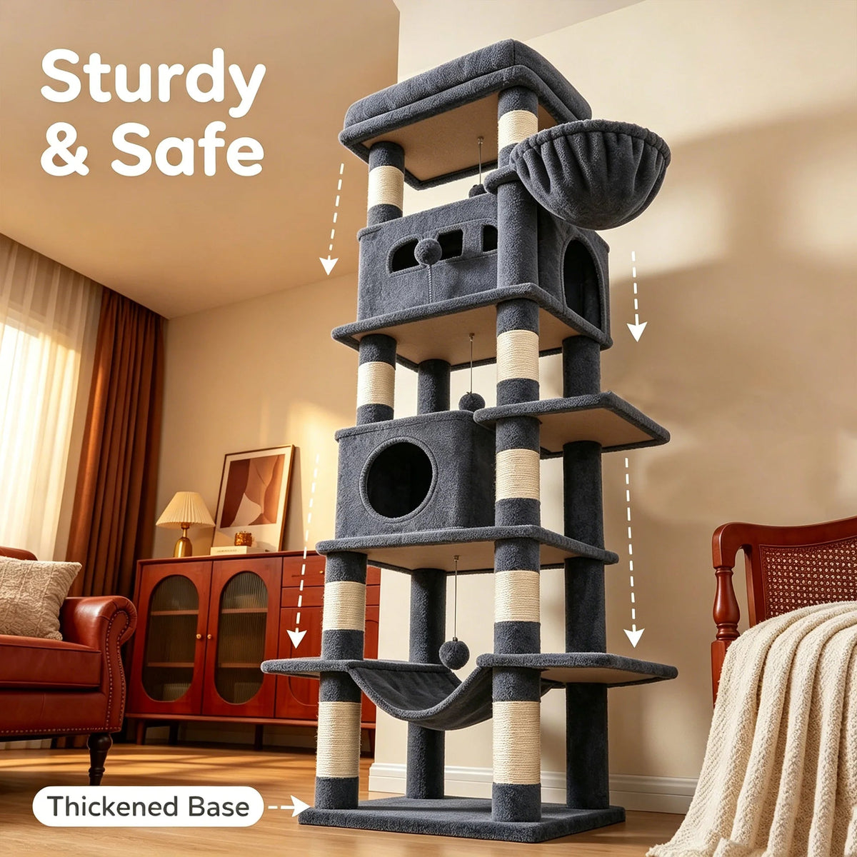 Arbre à Chat Confort Design — Les fenêtres rectangulaires décoratives ajoutent une touche ludique.
