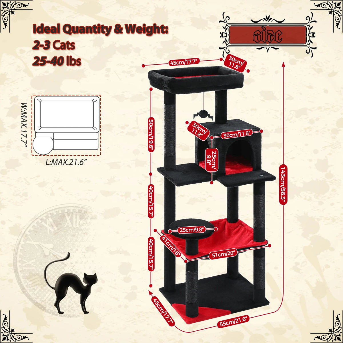 Arbre à Chat Confort Félin — Ce modèle noir et rouge offre quatre niveaux d'exploration, une niche douillette et des poteaux griffoirs…