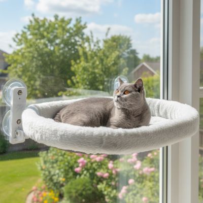 chat bleu britannique hamac fenetre blanc