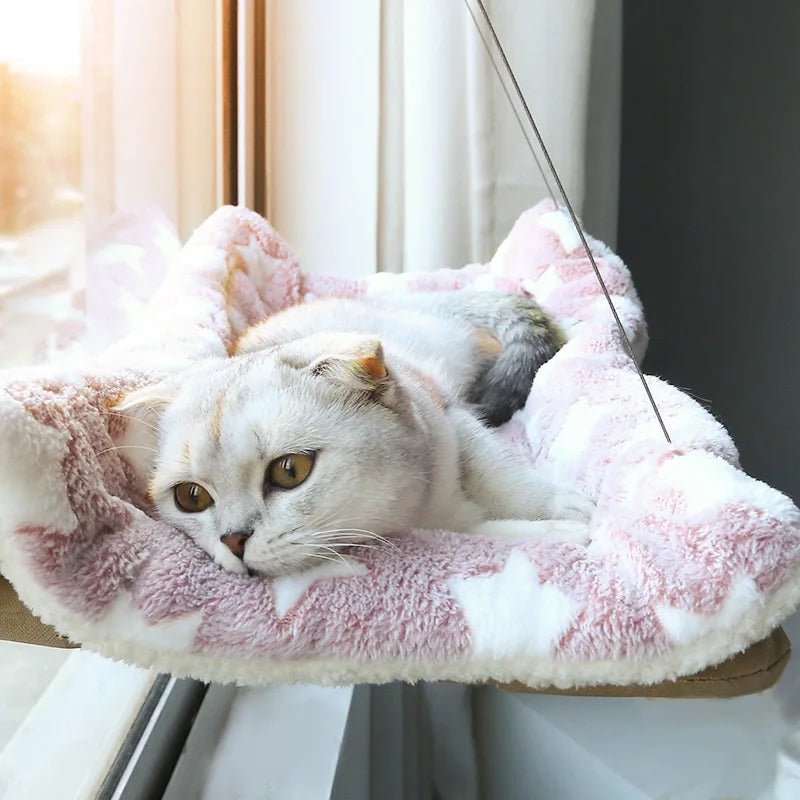 chat ecossais hamac fenetre peluche rose