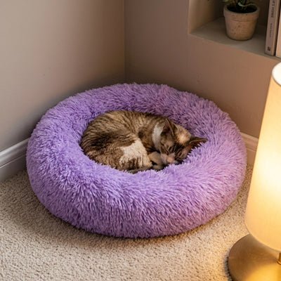 Coussin donut pour chat vu de haut, forme ronde