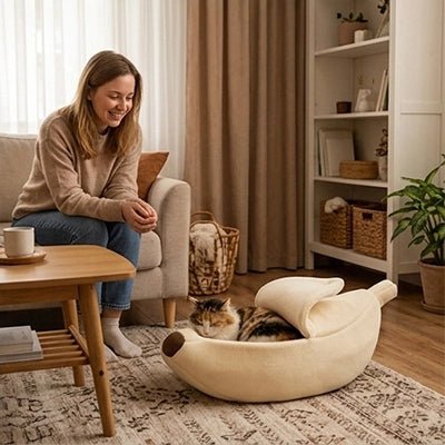 Chaton dormant confortablement dans le lit banane