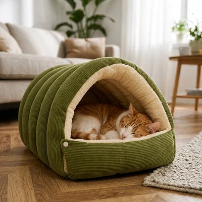 Lit grotte en peluche pour chat vue d'ensemble