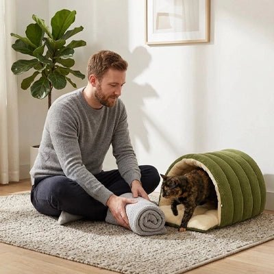 Lit grotte en peluche pour chat vue d'ensemble