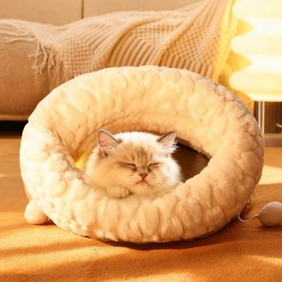 Chat blotti à l'intérieur du lit igloo fermé