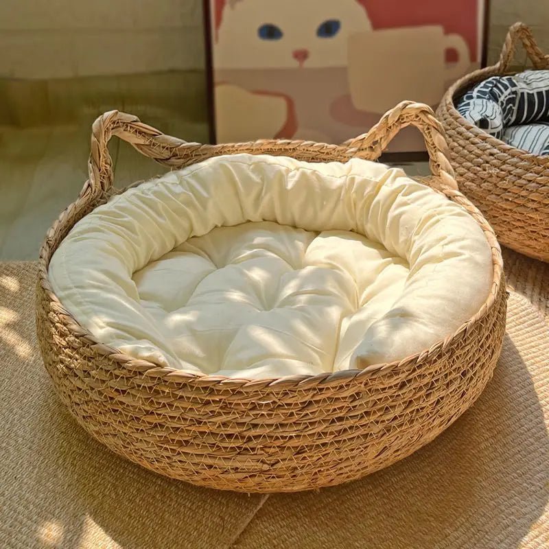 panier chat osier rond coussin moelleux blanc