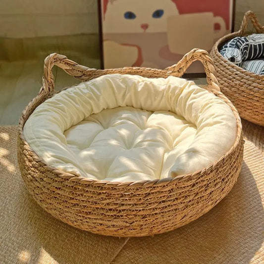 panier chat osier rond coussin moelleux blanc